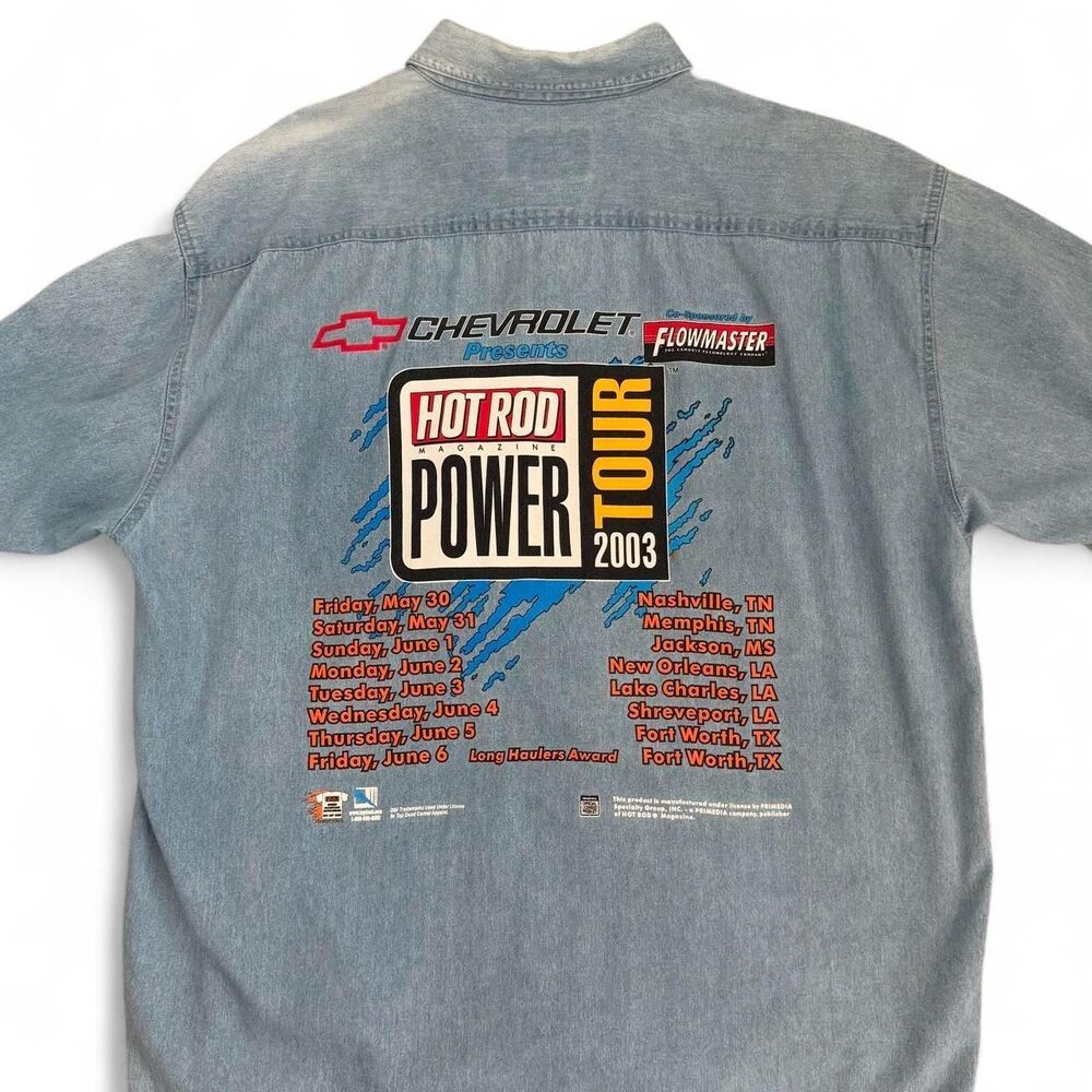 Vintage 2003 Hot Rod Power Tour Denim Shirt Men's XL Chevy Flowmaster Racing Tee